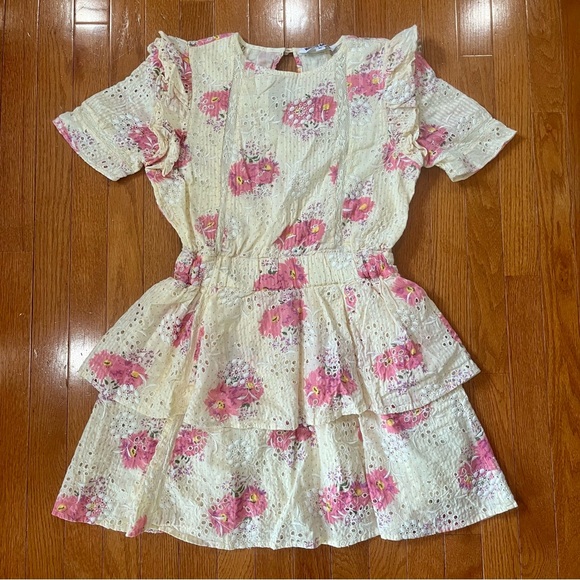 Walter Baker Cassandra Floral Tiered Mini Dress Womens Medium Yellow Pink Eyelet - Picture 1 of 9